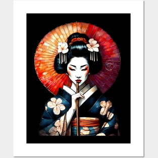Japanese geisha with red umbrella Posters and Art